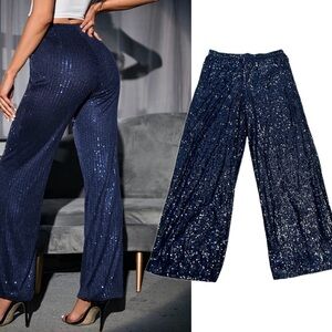Haver & Blair navy blue sequin pull on trouser pants flowy pockets lined NWT